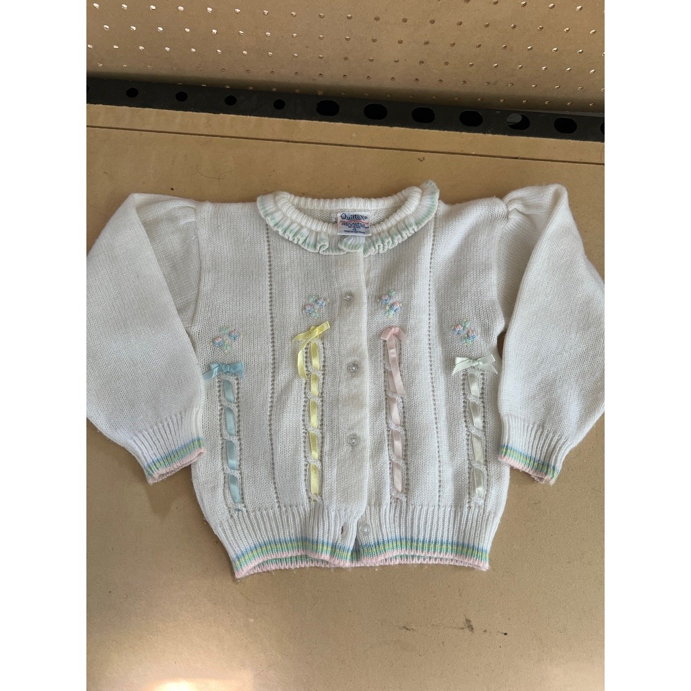 VTG Quiltex Knit Cardigan Sweater Bows Ribbons Embroider Flowers Ruffles Girls 4